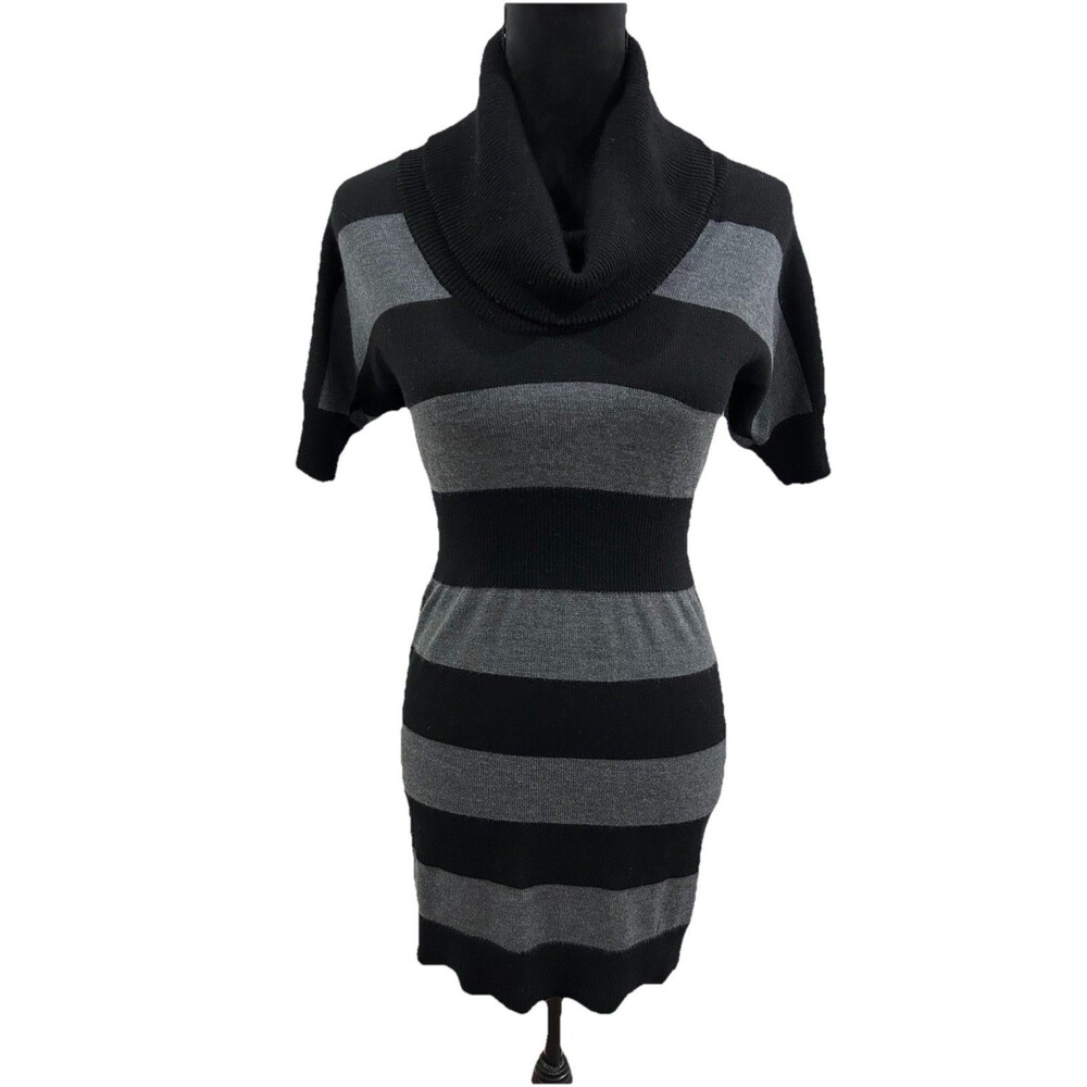 LOFT Sweater Dress Womens Size XXS grey black striped cowl neck Short Sleeve